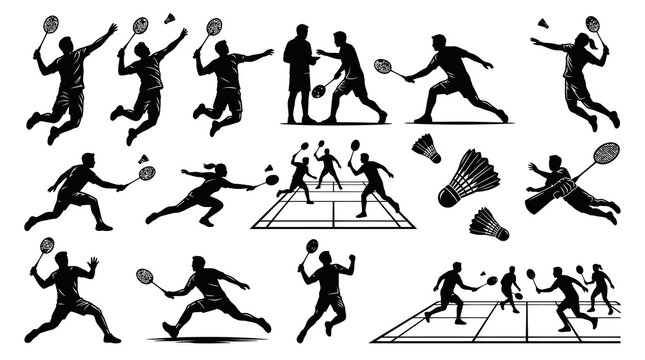 Dynamic Badminton Players Silhouettes Vector Set: Action Poses, Rackets, Shuttlecocks, Court Elements