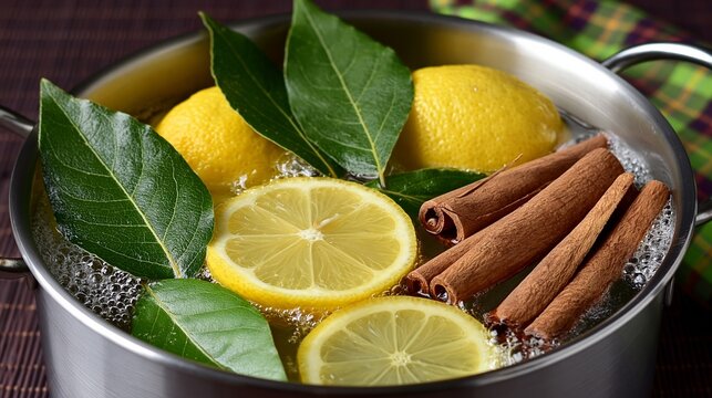 Fresh lemons and cinnamon steam in a metal pot. Bay leaves float among bubbling water. Natural aroma hints at homemade remedy or cooking. Bright citrus and warm spice create sensory appeal