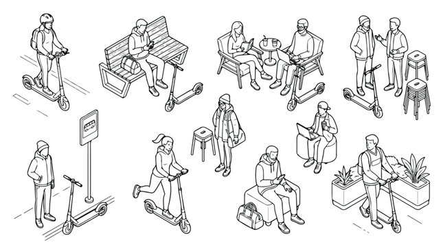 Isometric line art people with electric scooters, modern urban lifestyle characters set, black and white vector illustration of city commuters