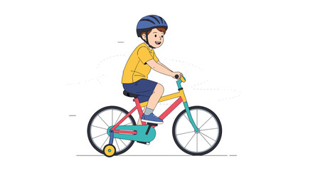 Fototapeta premium Happy young boy wearing a blue safety helmet rides his colorful bicycle with training wheels against a clean white background in flat style.