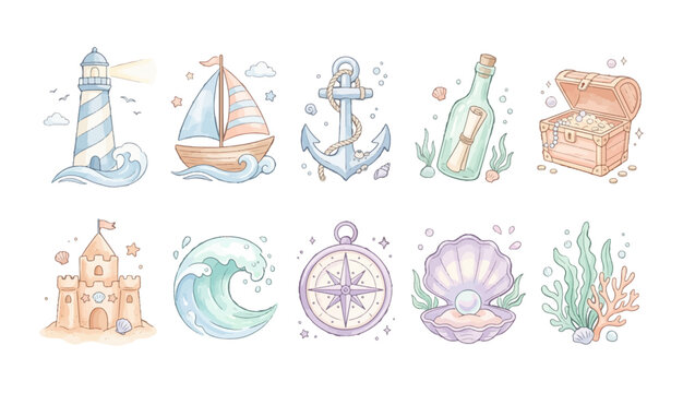 Soft Watercolor Ocean Nursery Elements Clipart Set - Lighthouse, Sailboat, Anchor, Message Bottle, Treasure Chest, Sand Castle, Ocean Wave, Compass, Pearl Oyster, Seaweed Coral Baby Illustration 