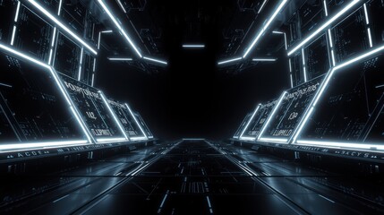 Fototapeta premium Futuristic corridor. Dark interior, bright neon lights create perspective. Digital displays line walls, suggesting high technology environment.