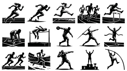 Obraz premium Athletics Track and Field Sport Vector Graphic Illustrations. Black and White Silhouette Athletes Set.