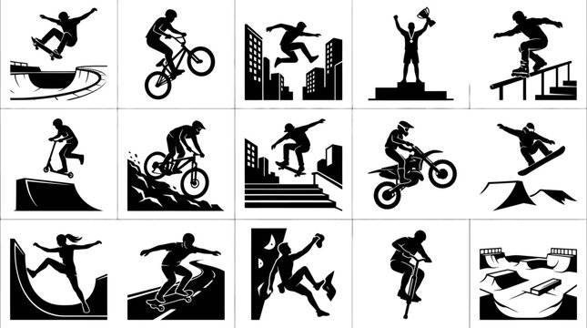 Extreme Sports Vector Icons: Skaters, BMX, Scooter, Motocross, Snowboarding, Parkour Silhouette Set