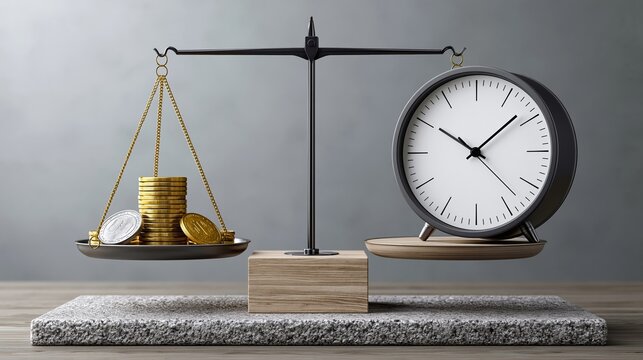 Weighted coins balance against a clock on a scale. Gray background emphasizes financial time concepts. Still composition suggests careful decision-making. Use for finance, budgeting