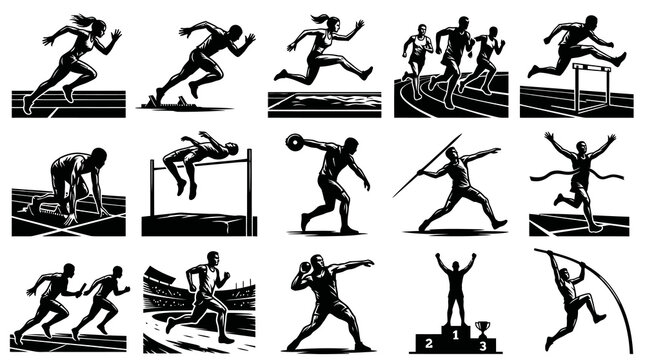 Athletics Track and Field Sport Vector Graphic Illustrations. Black and White Silhouette Athletes Set.