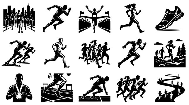 Black  White Running Athletes Silhouettes on White Background Vector Set