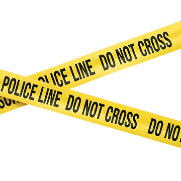 Yellow caution tape crisscrosses in front of a white background. isolated on transparent background