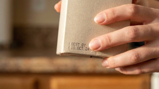 Best by Date Visible on a Light Brown Cardboard Food Packaging Box Held by Human Hands