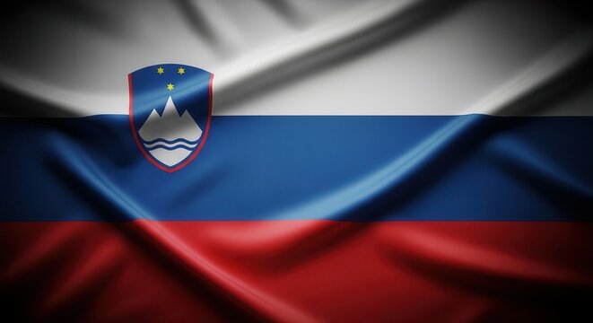 Slovenian flag with emblem and fabric texture