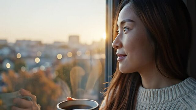 Serene young woman enjoying a warm beverage while gazing out a window at a sunrise over the cityscape