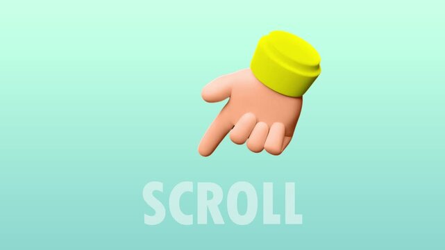 3D Cartoon Hand Pointing at Red Scroll Button for Web Navigation Animation