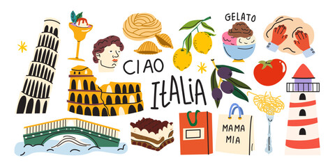 Welcome to Italy, travel and culture stickers set in trendy cartoon style. Vector traditional Italian culture, architecture, landmarks and traditional food. Travel and tourism © luamor