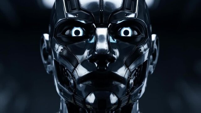 Half Human Half Robot Face with Glowing Eye in Dark Futuristic Artificial Intelligence Scene