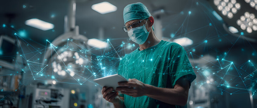 Male surgeon in green scrubs and surgical mask using a digital tablet in a modern operating room with network connectivity overlay for telemedicine applications.