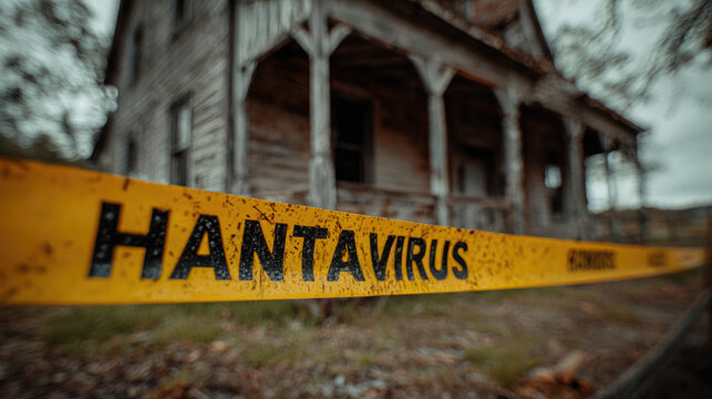 Yellow hantavirus caution tape stretched across an abandoned rural house entrance, infection warning and quarantine zone concept
