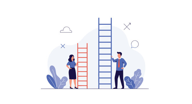 Business man and woman standing next to ladders of different heights, representing gender inequality and career growth challenges.