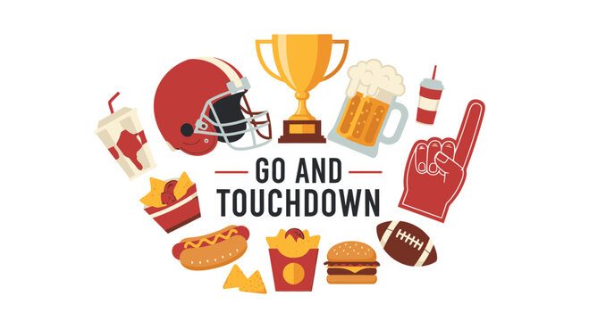 American Football Icons and Game Day Snacks Vector Illustration in Circular Arrangement for Sports Marketing