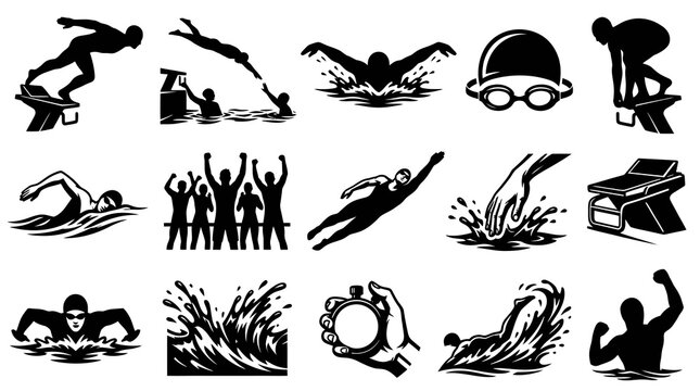 Black and White Swimming Sport Silhouettes Set: Aquatic Competition  Swimmer Icons Collection
