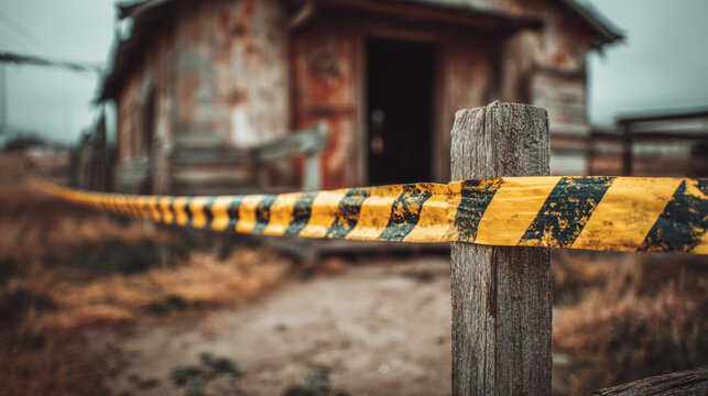 Yellow and black caution tape wrapped around a wooden post blocking access to a dilapidated rural building, hantavirus infection warning and quarantine concept
