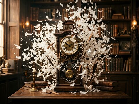 Antique ornate clock exploding with feathers in a vintage library setting.