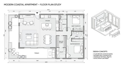 Modern coastal apartment floor plan study with living area, kitchen, terrace, and bedrooms architectural 2d layout and 3d isometric view of interior design © S.Siam