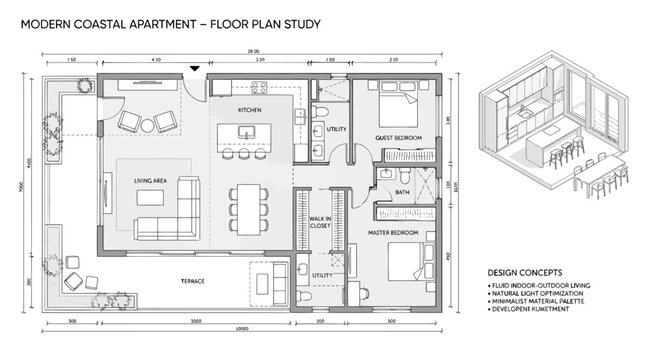 Modern coastal apartment floor plan study with living area, kitchen, terrace, and bedrooms architectural 2d layout and 3d isometric view of interior design