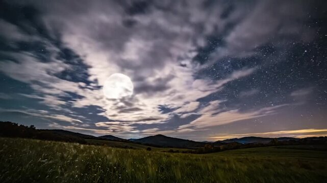 Time lapse of a bright full moon and starry night sky with clouds over rolling green hills and field