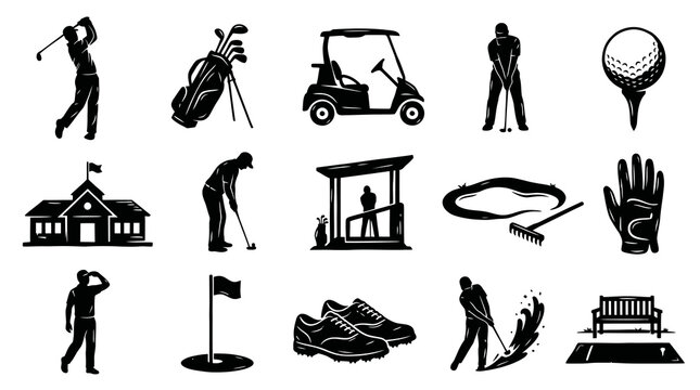 Golf Sport Black and White Silhouette Icons Set. Players, Equipment, and Course Elements Glyphs.
