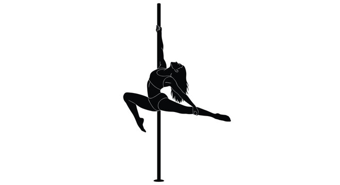 Elegant black silhouette of a female pole dancer performing a graceful and athletic move on a vertical pole, isolated on white.