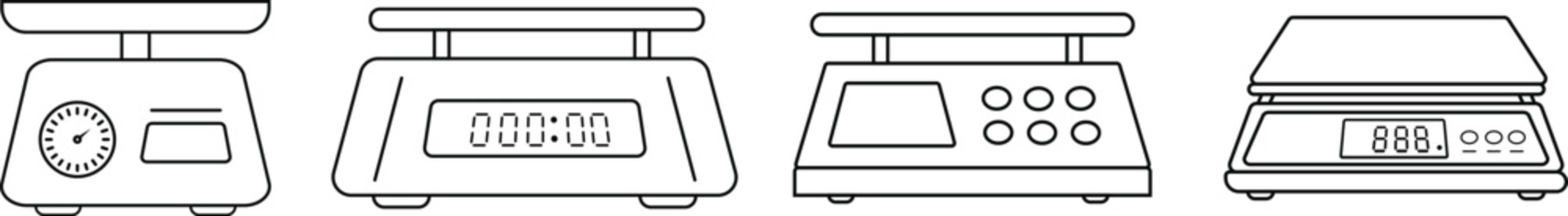 Digital Weight Scale Icons Set Vector Illustration, Electronic Measuring Device Line Art Collection.