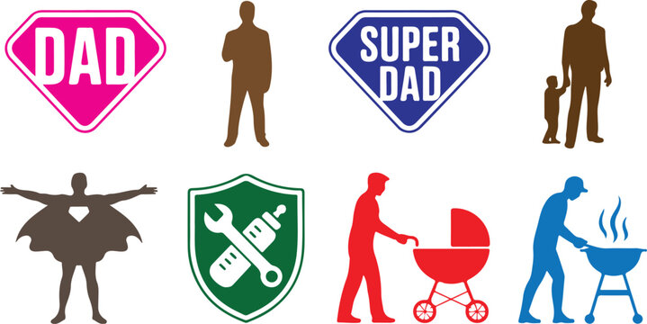 Fatherhood and super dad silhouettes of men with children, grills, and shields