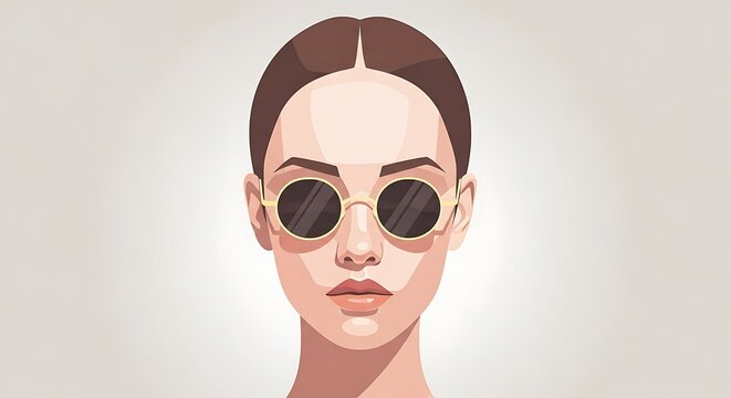 Stylized portrait depiction of a woman wearing round framed eyewear against a soft backdrop
