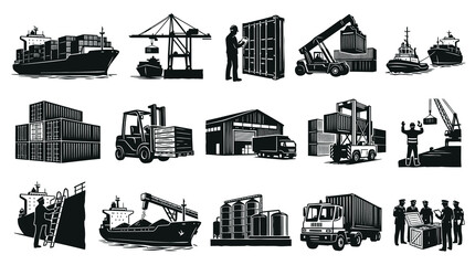 Naklejka premium Black and White Vector Illustration Set of Global Shipping, Logistics, Cargo and Port Operations