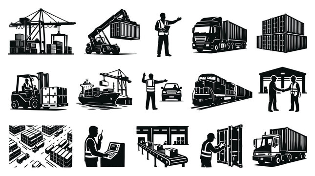 Logistics and Shipping Icons: Cranes, Trucks, Trains, Ships, Forklifts - BW Line Art