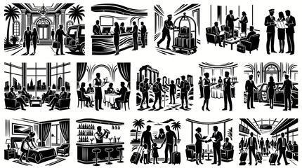 Fototapeta premium Hotel and Travel Industry Vector Illustration Set in Black White Line Art Style, depicting Hospitality Scenarios