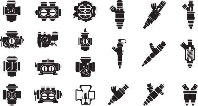 Carburetor and Fuel Injector Icon Set, Engine Fuel System Silhouettes