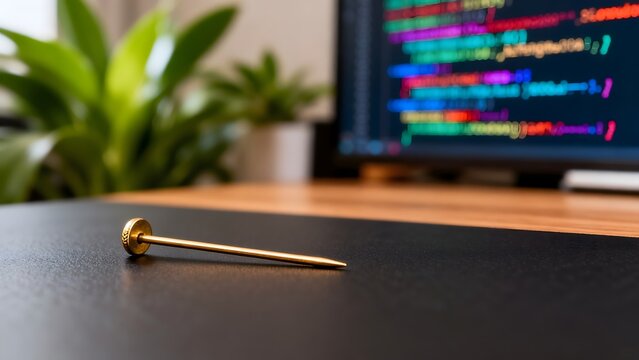 Golden pin on desk with computer code