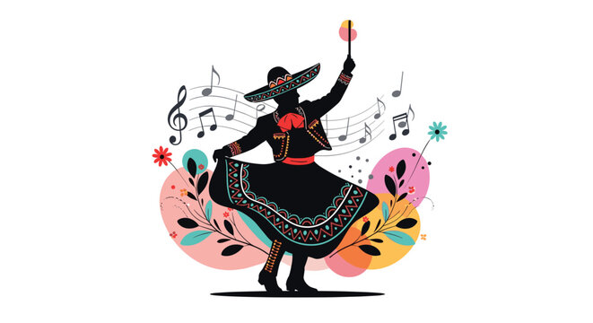 Silhouette of a mexican dancer wearing a traditional sombrero and dress is surrounded by colorful musical notes and floral elements.