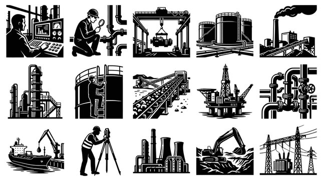 Industrial Engineering and Manufacturing Icons Set: Black  White Glyphs of Factories, Workers, and Heavy Machinery