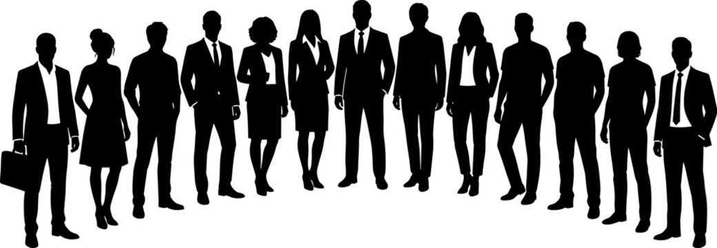Silhouettes of diverse professionals and casual figures in varied poses highlighting teamwork, posture, and expressive human interaction