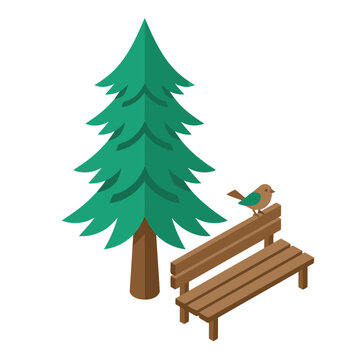 Isometric forest park icon featuring a pine tree, bench, and bird. Clean, modern design suitable for various applications.  Visually appealing and easily recognizable.