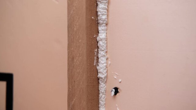 Applying thermal insulation foam with a gun. Using polyurethane foam along wall joints. Expanding the material. Sealing joints and soundproofing walls. Interior renovation. Close-up. Copy space.