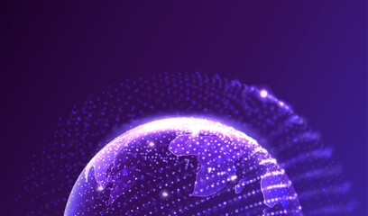 Globe world map. Globe Ai earth planet with continents purple background. Perspective countries technology and science banner. Artificial Intelligence futuristic sphere of cosmos night earth vector. © SidorArt