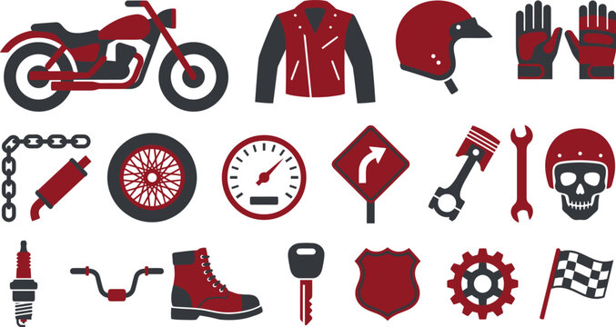 Motorcycle icons set featuring vehicle parts gear and accessories in a flat graphic design style