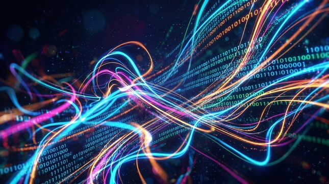 Abstract digital data flow with glowing light trails and binary code