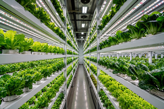 Futuristic vertical farming system with fresh green vegetables and LED lighting smart agriculture
