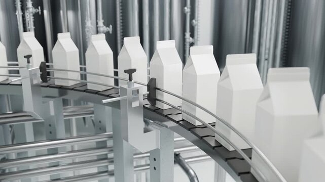 Automated conveyor belt with white milk cartons in factory. Industrial production line for dairy products packaging with modern machinery, clean manufacturing, and food processing technology