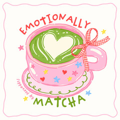 Fototapeta premium Whimsy girly matcha latte heart art coquette gingham bow Saying quote whimsical hand drawn doodle