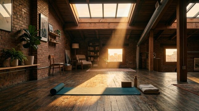 Sunlight streams into empty loft studio with yoga mat